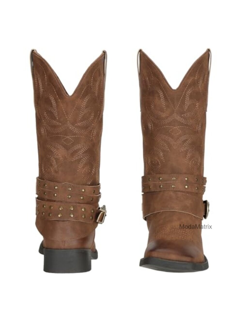 Faux Leather Square Toe Mid Calf Cowgirl Boots with Removable Buckles - Picture 3 of 6